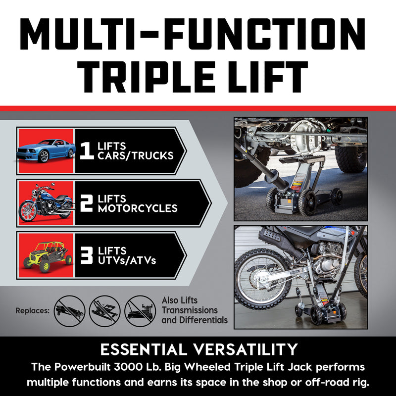 Powerbuilt 3000lbs (1.5 Ton) Big Wheel Off Road Triple Lift - 620613ECE