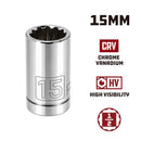 Powerbuilt 1/2 Inch Drive x 15 MM 12 Point Shallow Socket - 642013