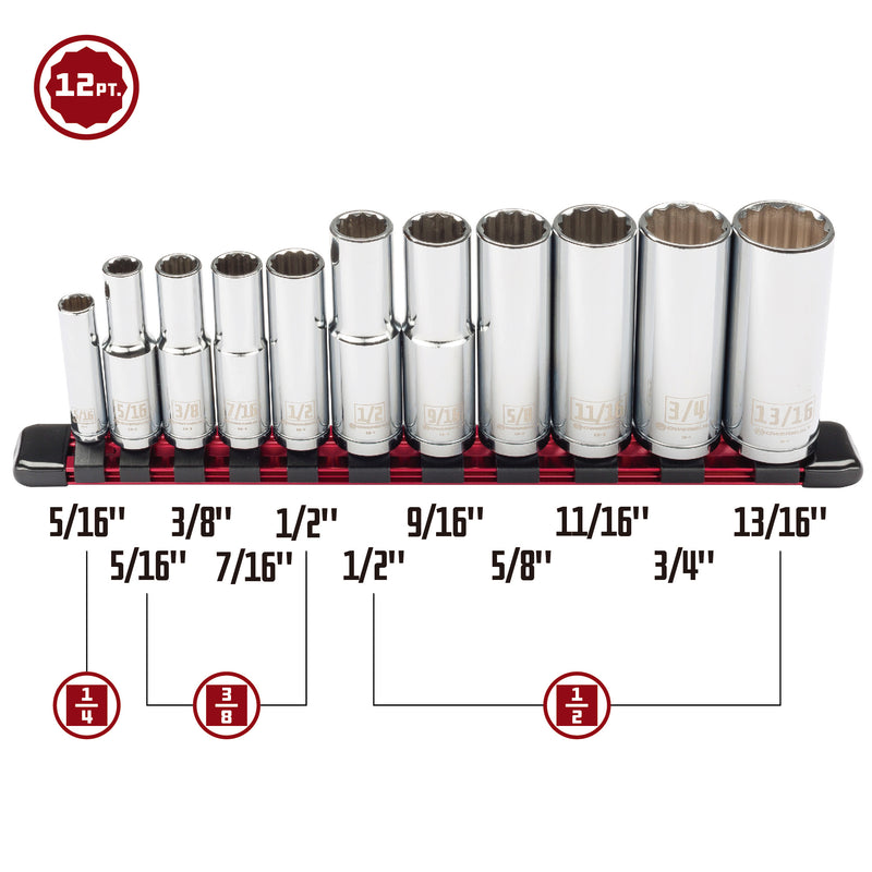 Powerbuilt 11 Piece 12 Point SAE Deep Socket Set - 643047ECE