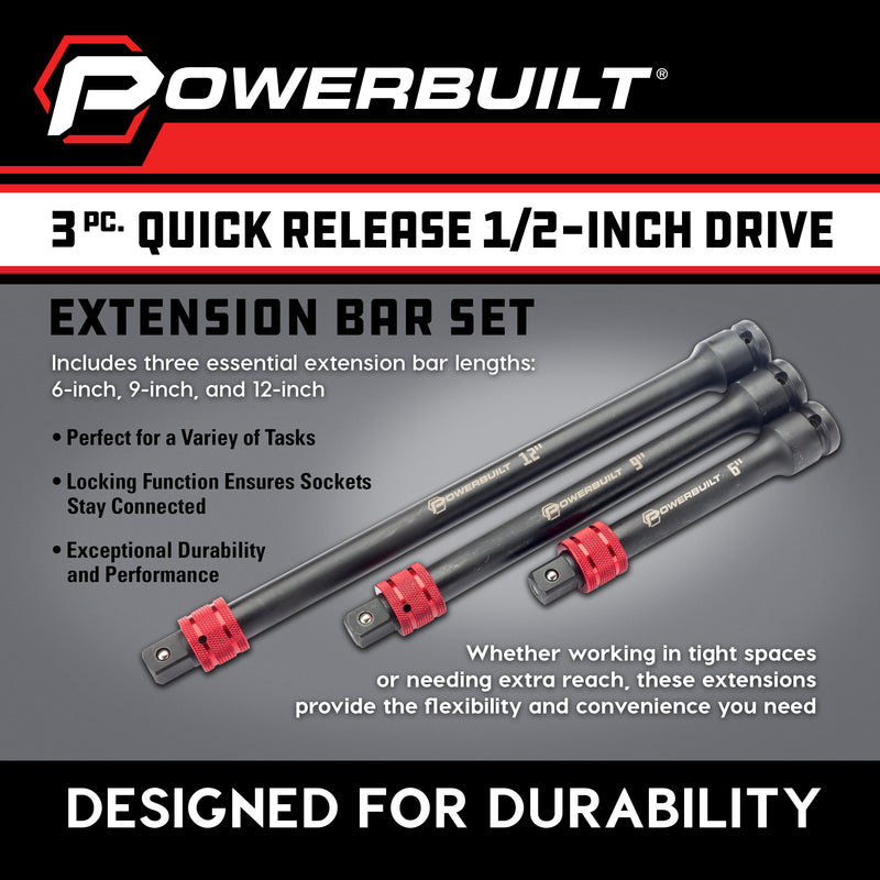 Powerbuilt 3 Piece Quick Release 1/2-Inch Drive Extension Bar Set - 643068ECE