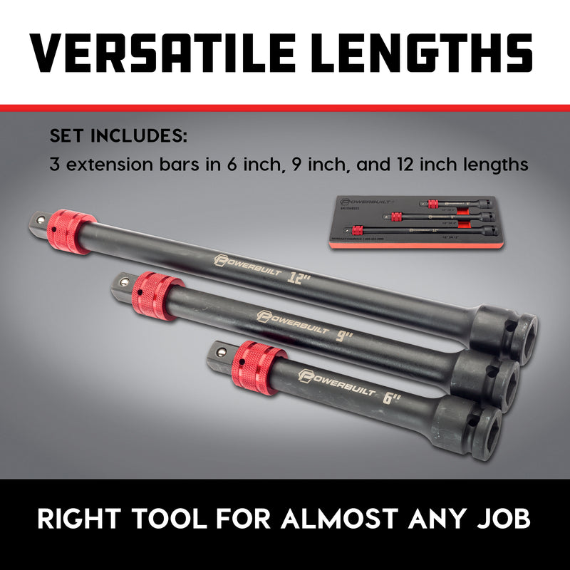 Powerbuilt 3 Piece Quick Release 1/2-Inch Drive Extension Bar Set - 643068ECE