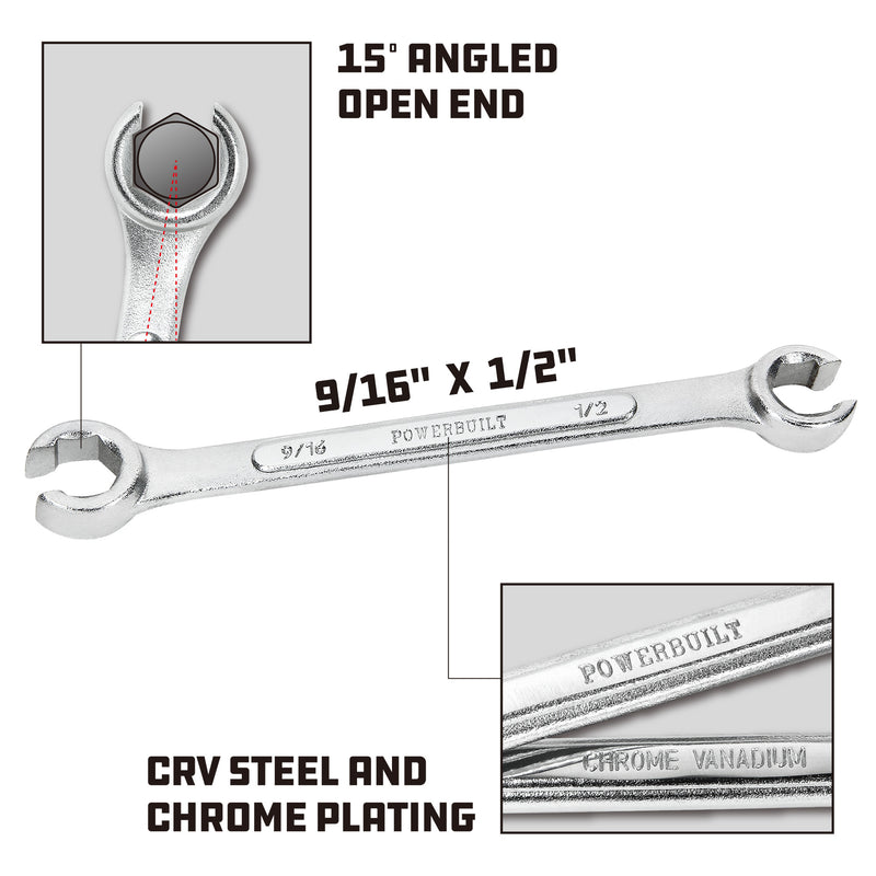 Powerbuilt 1/2 x 9/16 Inch SAE Flare Nut Wrench - 644034