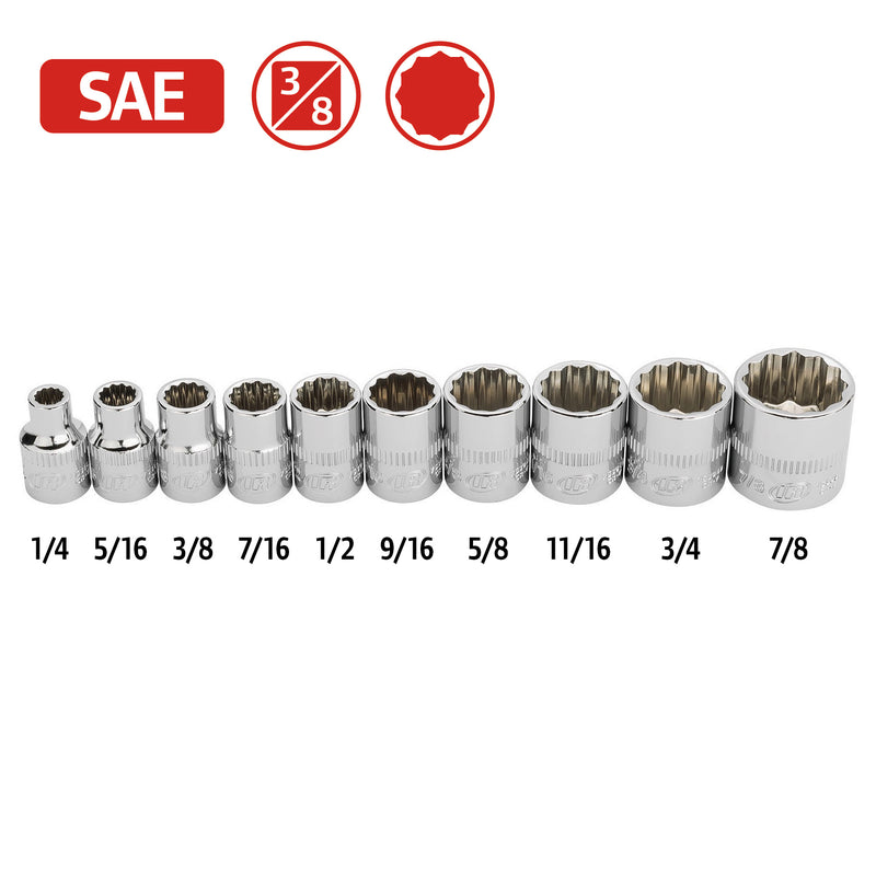 10 Pc. 3/8 in. Drive Shallow Socket Set - SAE 12 Pt.