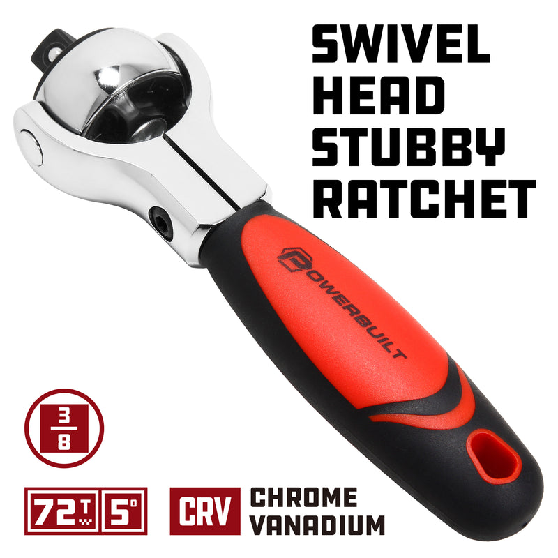 Powerbuilt 3/8 Inch Drive Swivel Head Stubby Ratchet - 940482