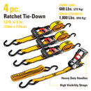 4 Piece 12 Ft. Heavy Duty Ratcheting Tie Down Straps - 600 Lb.