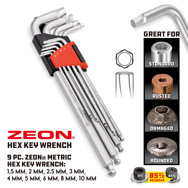 9 Piece Zeon Metric Hex Key Wrench Set for Damaged Fasteners