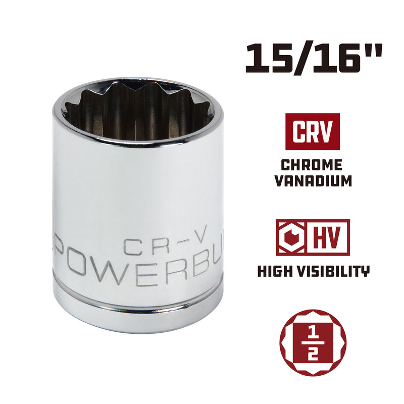 Powerbuilt 1/2 Inch Drive x 15/16 Inch 12 Point Shallow Socket - 642006