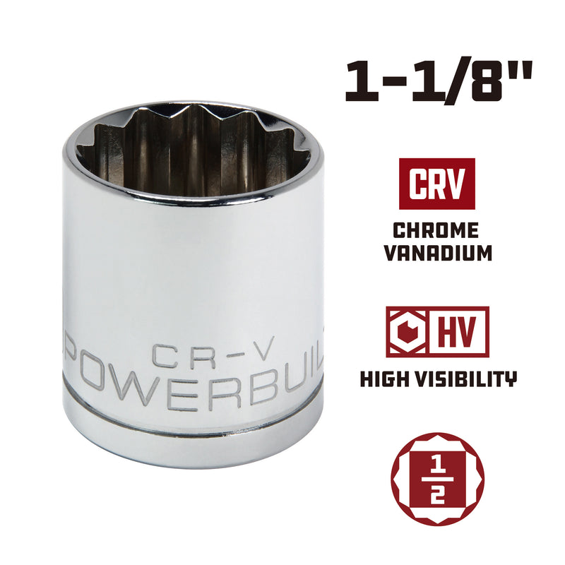 Powerbuilt 1/2 Inch Drive x 1-1/8 Inch 12 Point Shallow Socket - 642009