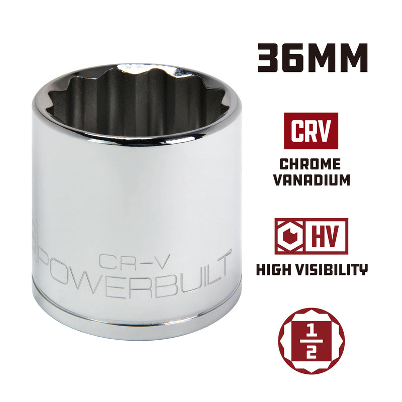 Powerbuilt 1/2 Inch Drive x 36 MM 12 Point Shallow Socket - 642028