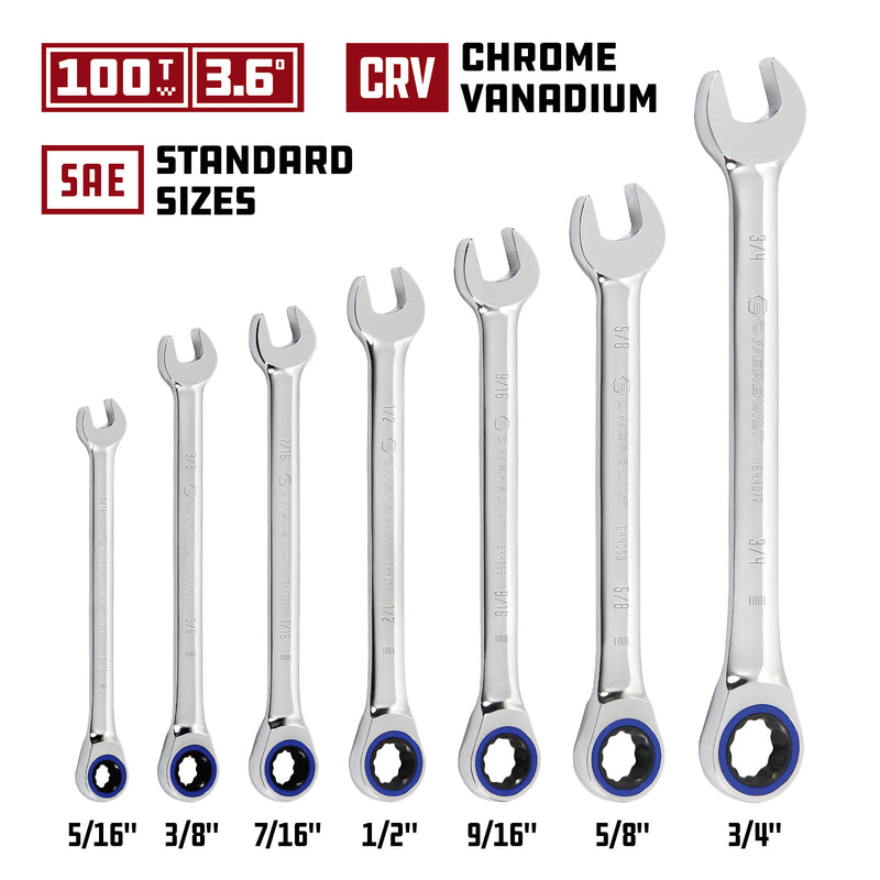 7 Piece SAE 100 Tooth Ratcheting Wrench Set